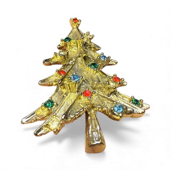 Vintage Christmas Tree Pin Brooch Goldtone with Rhinestones - Picture 2 of 6